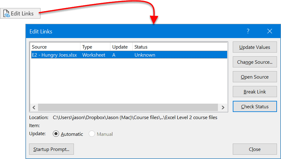 Excel Edit Links dialog box for managing external workbook references and data connections
