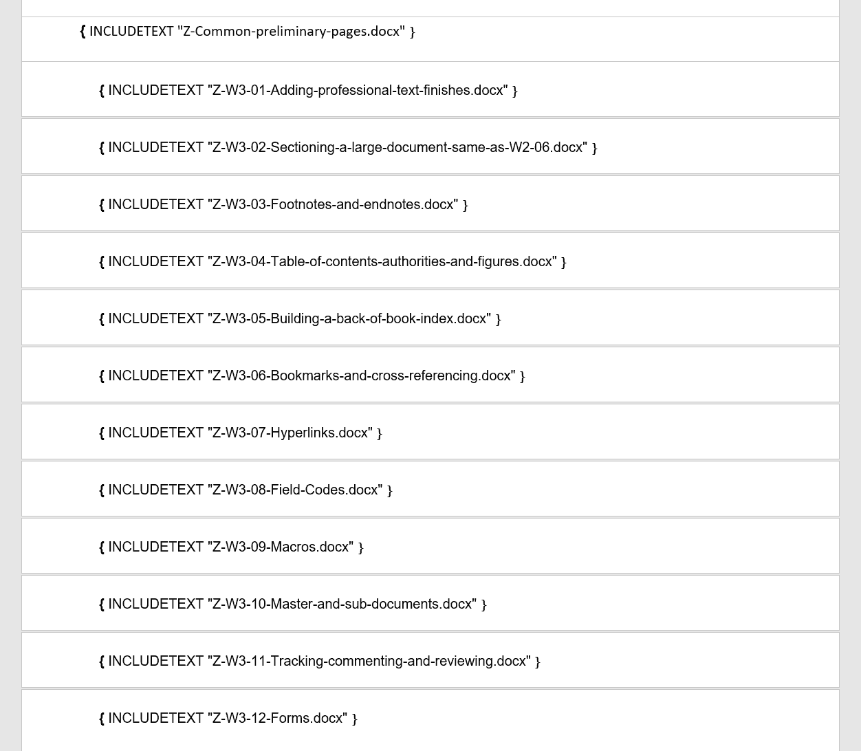 Microsoft Word master document showing multiple INCLUDETEXT fields for organizing subdocuments into chapters