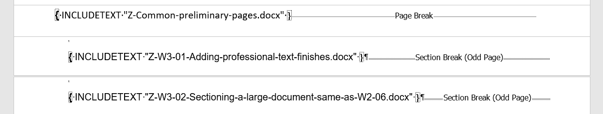 Microsoft Word master document with formatting marks visible showing page breaks and section breaks between INCLUDETEXT fields