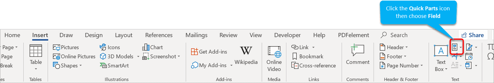 Microsoft Word Insert ribbon showing Quick Parts menu with Field option for inserting INCLUDETEXT fields