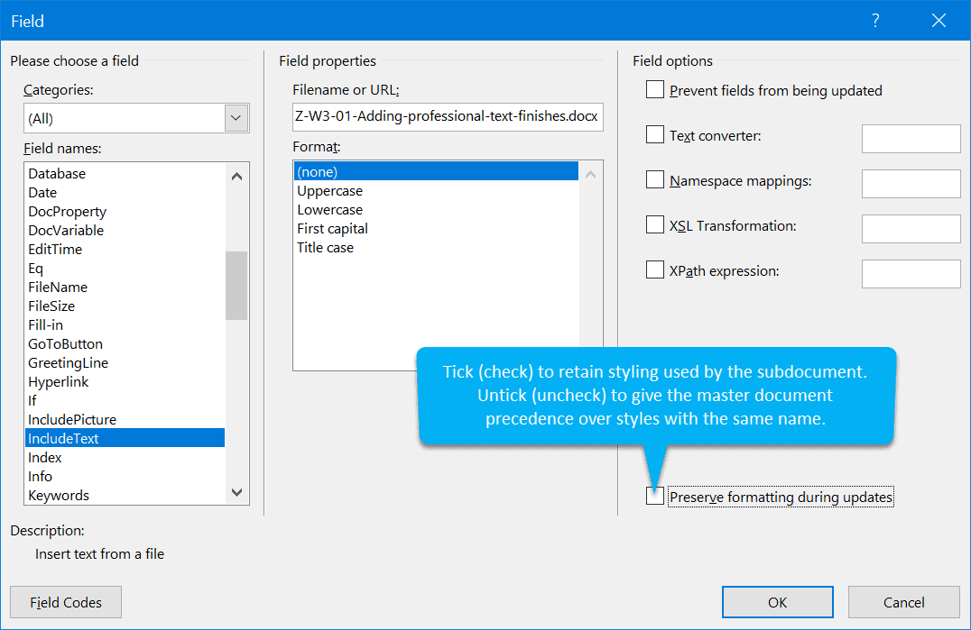 Microsoft Word Field dialog box showing INCLUDETEXT field selection and formatting options for master documents