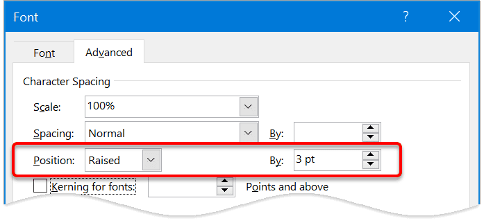 Illustration of raising or lowering text position in Word document