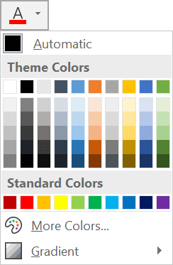 Selecting text color from the font color palette in Microsoft Word Font color palette in Word showing available text colors