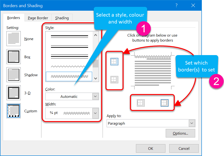 Custom border settings applied to text box in Microsoft Word