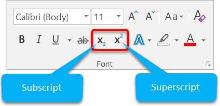 Microsoft Word superscript and subscript formatting icons in Home tab ribbon