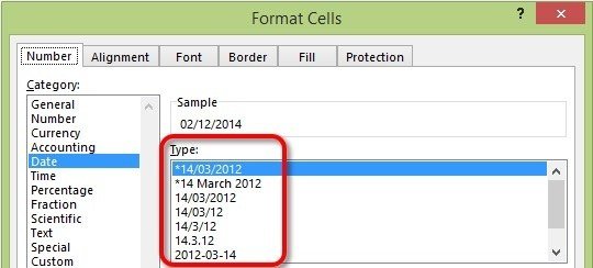 Standard Excel date formats in the Format Cells dialog box