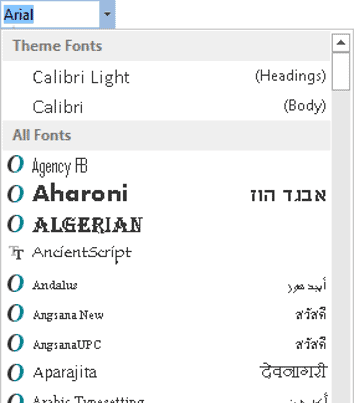Selecting a font from the dropdown list in Microsoft Word Font dropdown menu in Word showing available typeface options