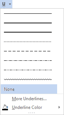 Available underline styles in Microsoft Word formatting options Underline styles dropdown menu in Word showing line options