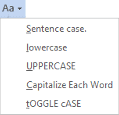Text case conversion options in Microsoft Word formatting menu Change case dropdown menu in Word showing case options