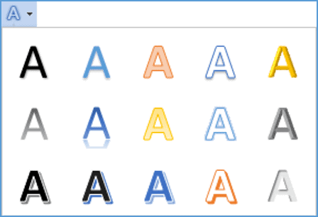 WordArt text effects and typography gallery in Microsoft Word Text effects gallery in Word showing WordArt style options