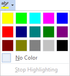 Highlight color options in Microsoft Word formatting toolbar Text highlight color palette in Word showing color choices