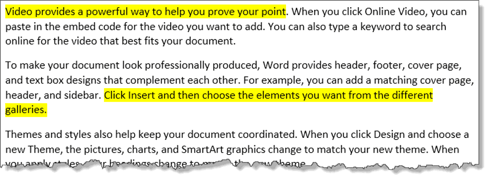 Example of highlighted text in various colors in Microsoft Word Sample Word document with multiple highlighted text sections