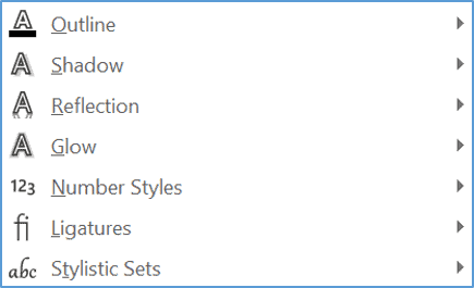Text outline and effects customization options in Microsoft Word Text outline options menu in Word showing styling choices