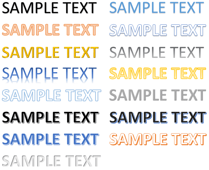 Various WordArt and text effects styles in Microsoft Word Examples of different WordArt text effects applied to sample text