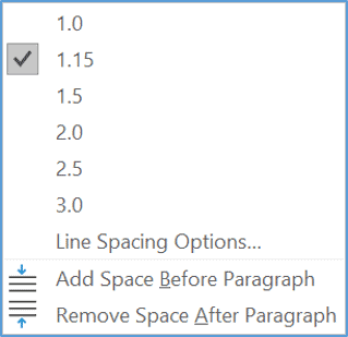 Line and paragraph spacing dropdown menu in Word Line spacing options in Word paragraph formatting menu