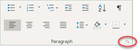 Launcher icon to open paragraph formatting dialog box Paragraph dialog box launcher in Word Home ribbon