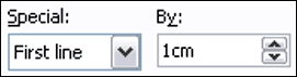 Special indent options showing first line indent by setting First line indent settings in Word paragraph dialog