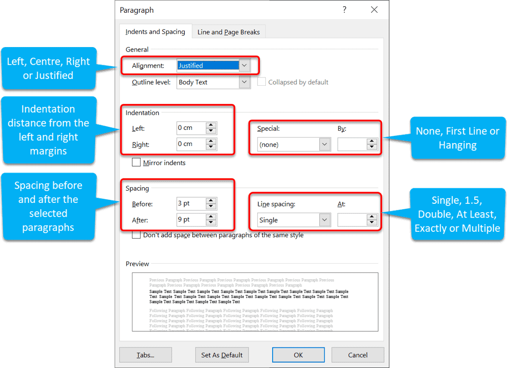 Complete paragraph dialog box in Word with indentation and spacing controls Word paragraph formatting dialog box showing all spacing and indent options