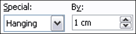 Special indent options showing hanging indent setting Hanging indent settings in Word paragraph dialog box