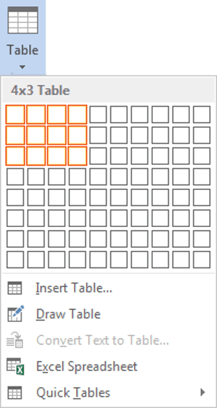 Selecting table size using the Insert Table grid in Word Insert table grid in Word showing highlighted cells