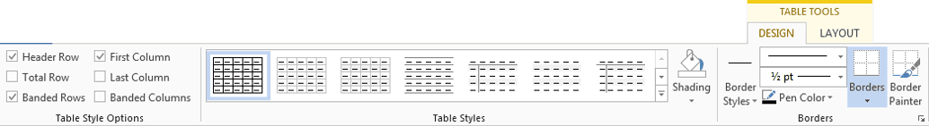 Design tab under Table Tools showing table formatting options Table Tools Design tab in Word ribbon