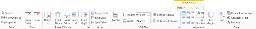 Layout tab under Table Tools showing table structure options Table Tools Layout tab in Word ribbon