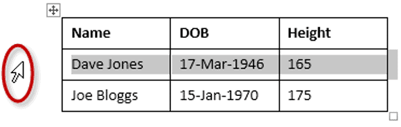 Selecting an entire row in a Word table Selected table row in Word with highlighted cells