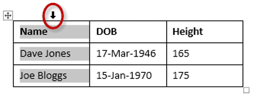 Selecting an entire column in a Word table Selected table column in Word with highlighted cells