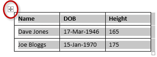 Selecting an entire table in Word using the move handle Entire table selected in Word with move handle visible