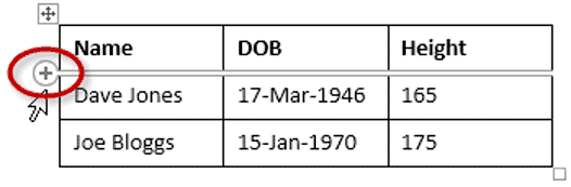 Quick insert row feature showing plus symbol in Word Plus icon appearing to insert new row in Word table