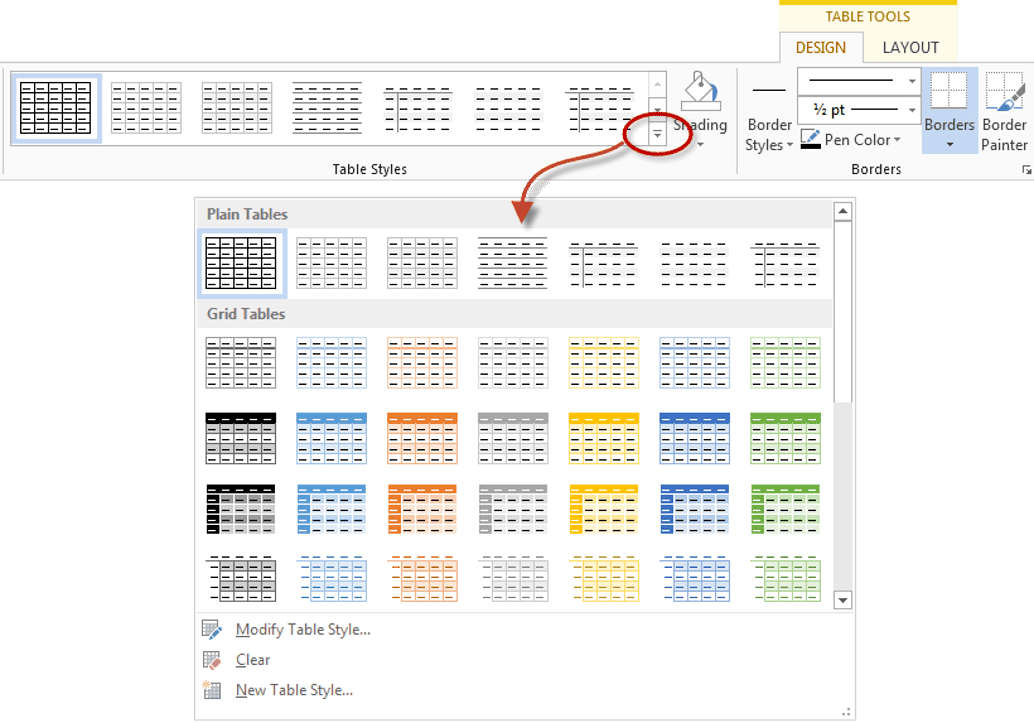 Table Styles gallery showing formatting options in Word Word table formatting styles gallery with design options