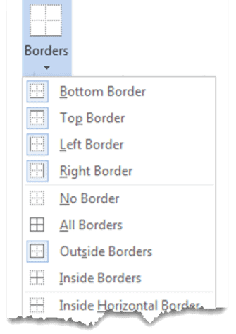 Border options menu for customizing table borders in Word Borders dropdown menu in Word Table Tools Design tab