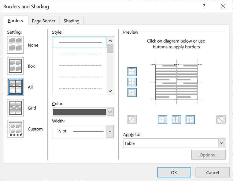 Borders and Shading dialog showing style, color and width settings Borders and Shading dialog box in Word with customization options