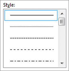 Selecting border line styles in the Borders and Shading dialog Border style options in Word showing dotted, dashed and solid lines