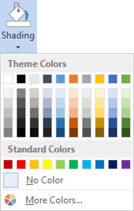 Table cell shading color options in Word Design tab Shading color palette for Word tables
