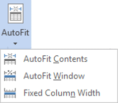 Autofit options for Microsoft Word tables Autofit dropdown menu in Word table settings