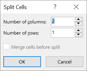 Configure split cell settings in Word tables Split Cells dialog box in Word