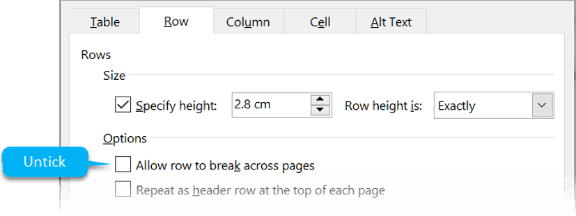 Control page break behaviour for table rows Allow rows to break across pages checkbox in Word