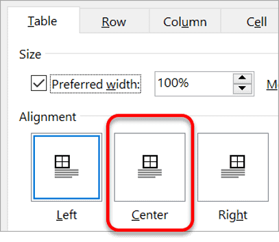 Center or align table position on page in Word Table positioning options in properties dialog