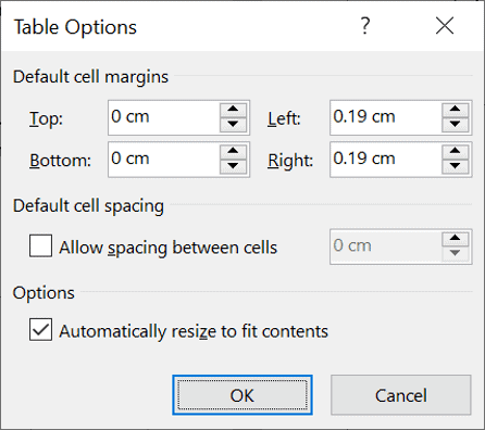 Configure top, bottom, left and right cell margins Table Options dialog showing cell margin settings