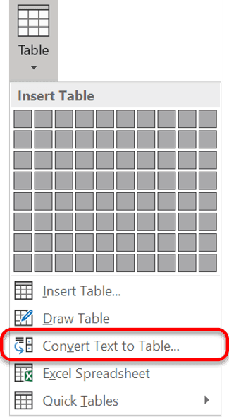 Transform plain text data into structured table format Convert Text to Table option in Word insert menu