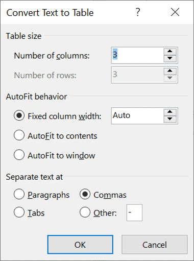 Choose delimiter for converting text to Word table Text separator options in Convert to Table dialog