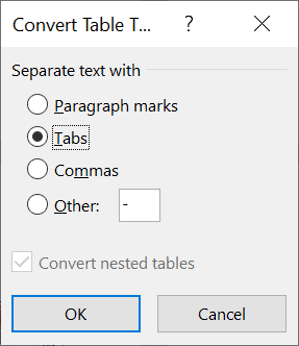 Select output format when converting table to text Convert Table to Text dialog with separator choices