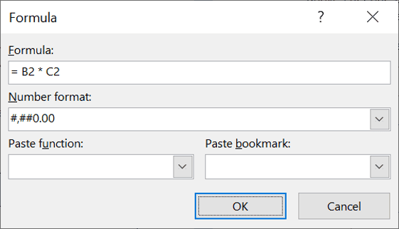 Create mathematical formulas in Word table cells Formula dialog box in Microsoft Word