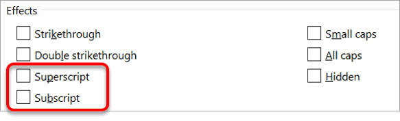 Microsoft Word Font dialog box showing superscript and subscript text effects options