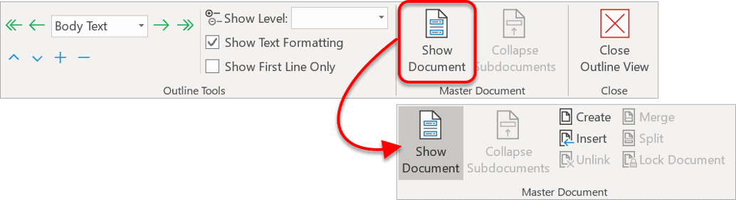Master document tools in Word Outlining ribbon Master Document group expanded showing Create and Insert options