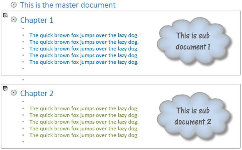 Newly created subdocument in master document Subdocument with grey border and document icon in outline view