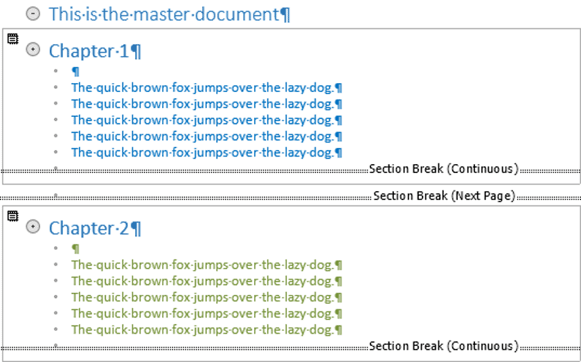 Section breaks visible in master document structure Master document showing section breaks and subdocument boundaries