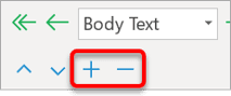 Expand and collapse controls in outline view Plus and minus symbols on Outlining ribbon for expanding sections