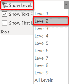Show Level tool for filtering heading levels in outline view Show Level dropdown menu displaying heading level options